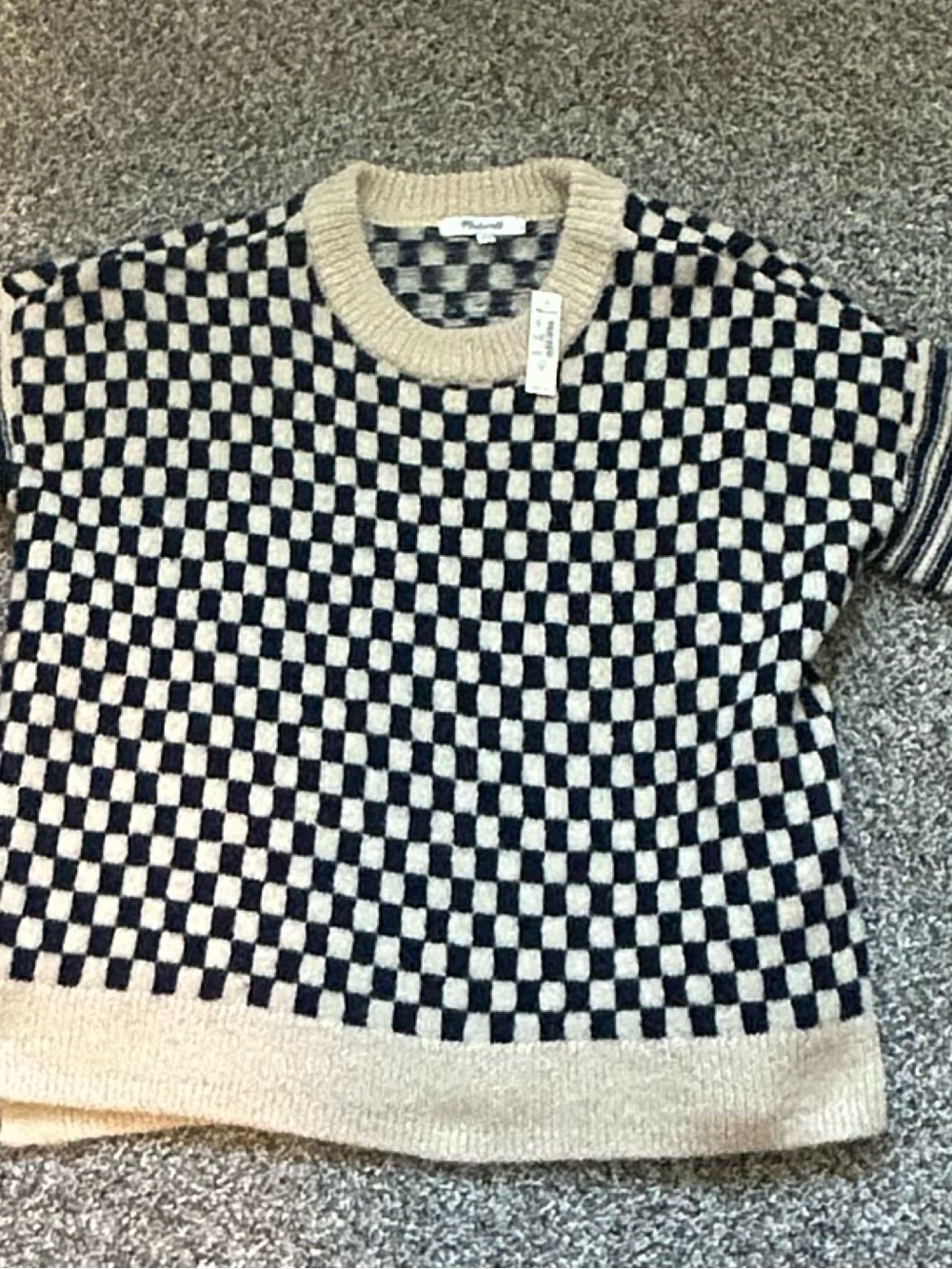 Checkerboard Short-Sleeve Sweater - Black & Cream